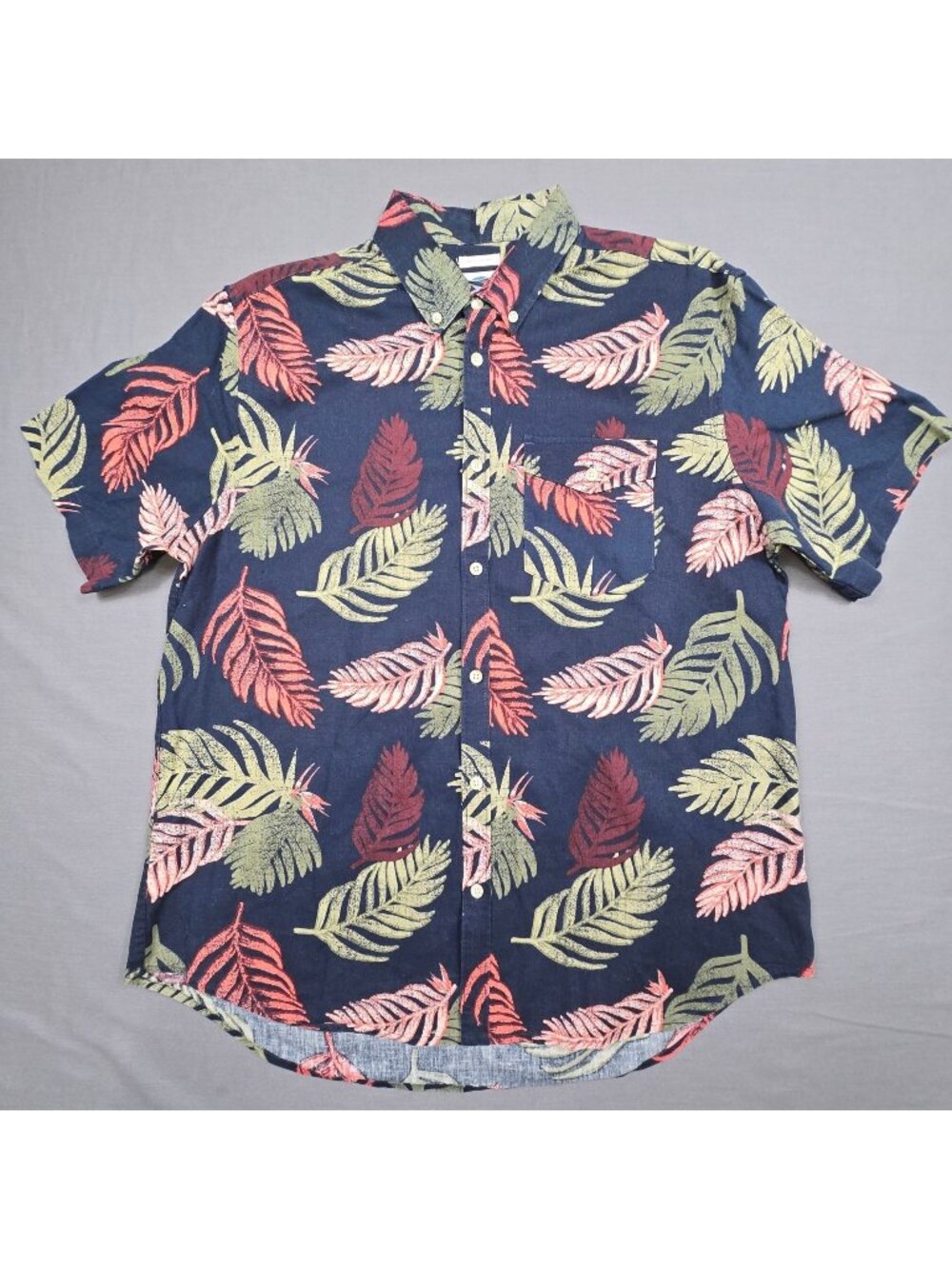 Old Navy Large Mens Slim Fit Button-Up Shirt Navy Tropical Leaf Print Cotton Lin